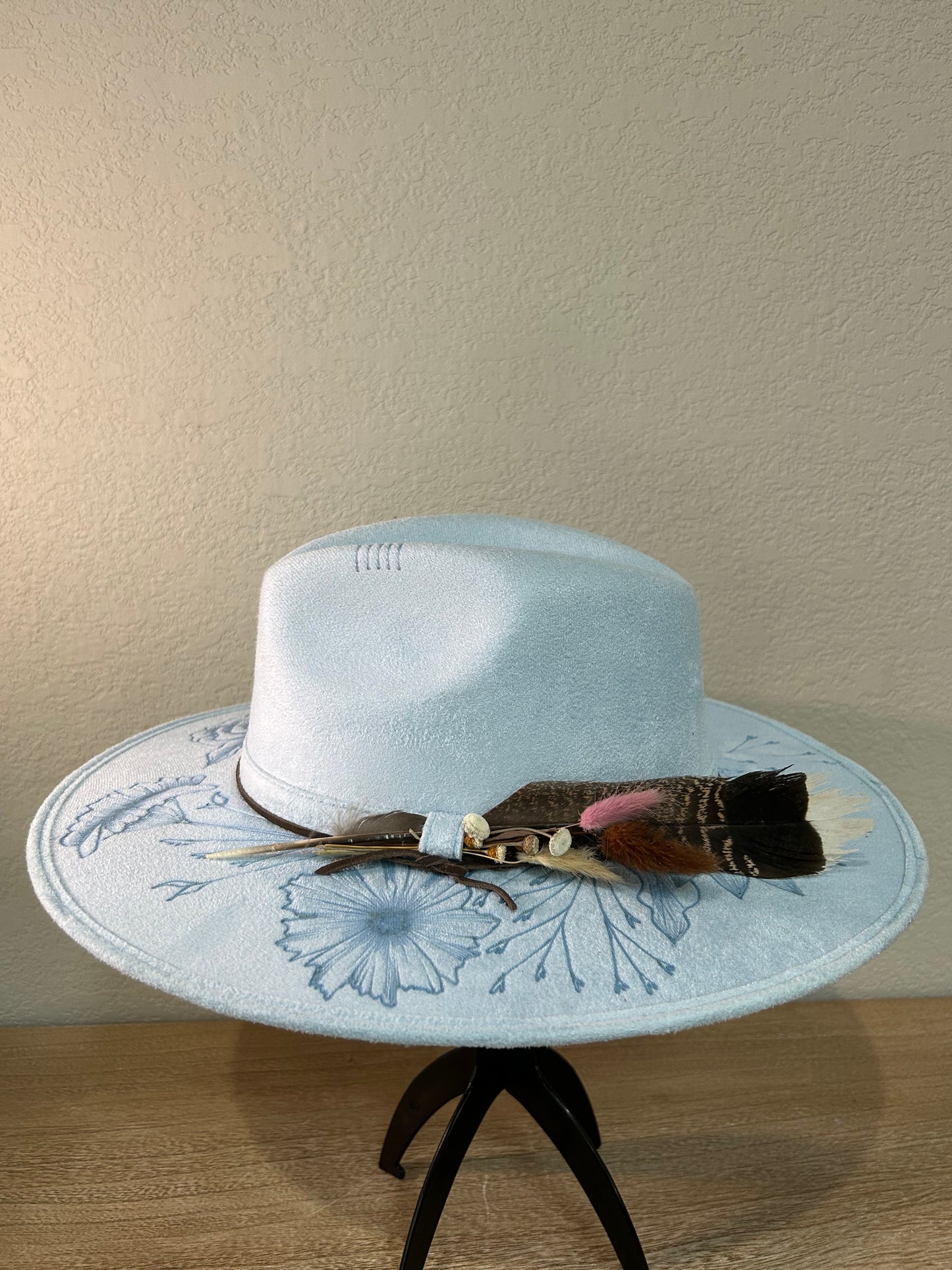 Blue Flowers Flat Brim Fedora Hat
