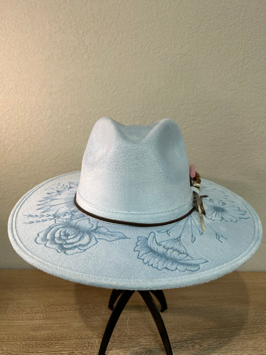 Blue Flowers Flat Brim Fedora Hat