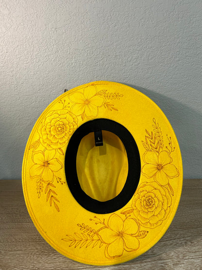 Yellow Fedora Hat (Under Brim Flowers)